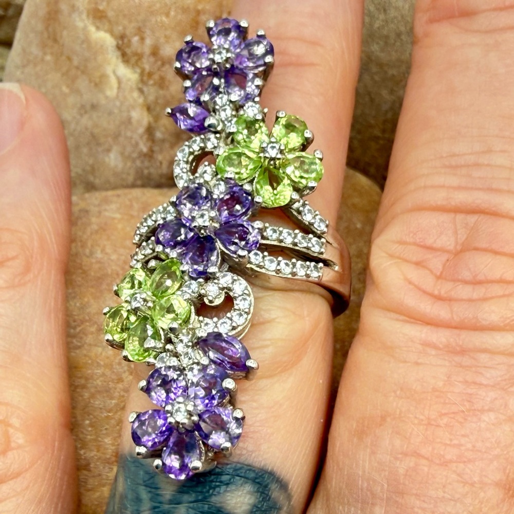 Amethyst Peridot Floral Cocktail Ring 5ctw Platinum SS Sz 6 NWT - Picture 15 of 16